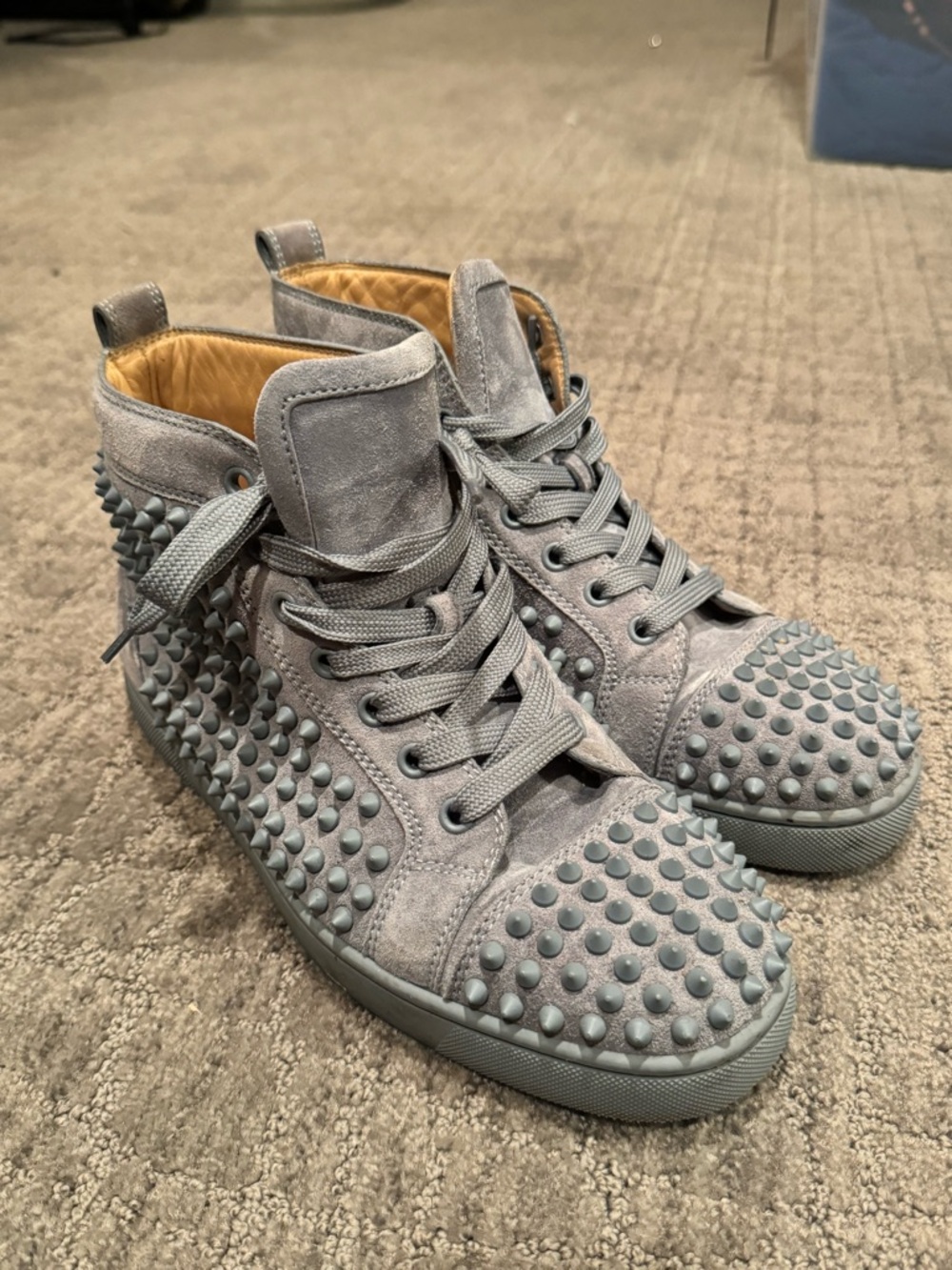 Christian Louboutin Gray Suede Studded High-Top Sneakers - Picture 2 of 6